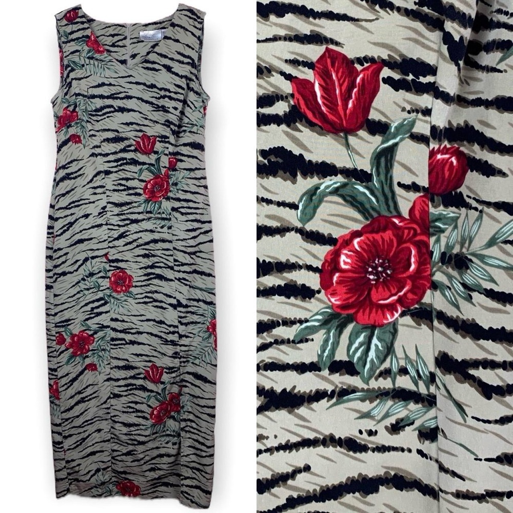 Vintage Zebra Animal Print Roses Floral Sleeveless Maxi Formal Dress Size S